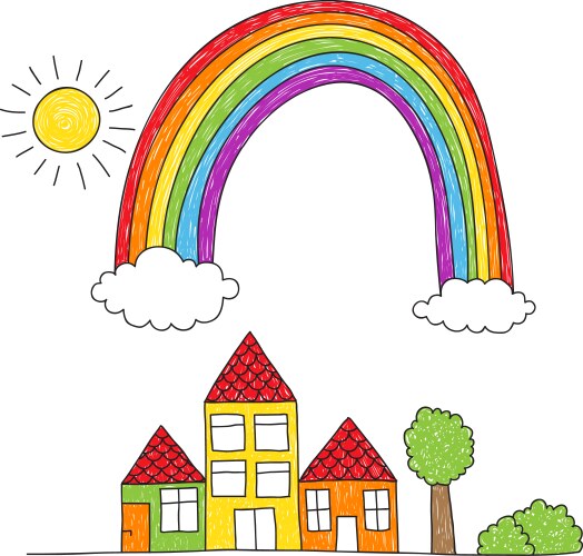 Rainbow over houses drawing vector image