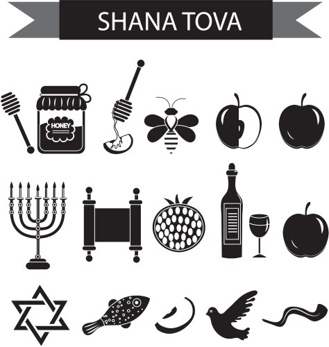 set icons on the jewish new year black silhouette vector image