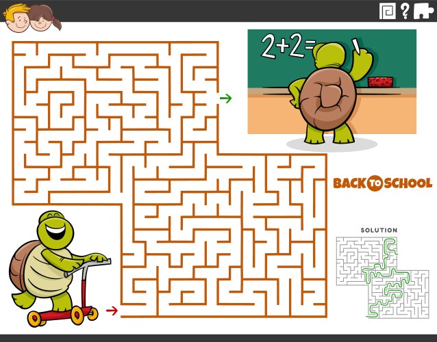 Maze game with cartoon turtle riding a scooter vector image