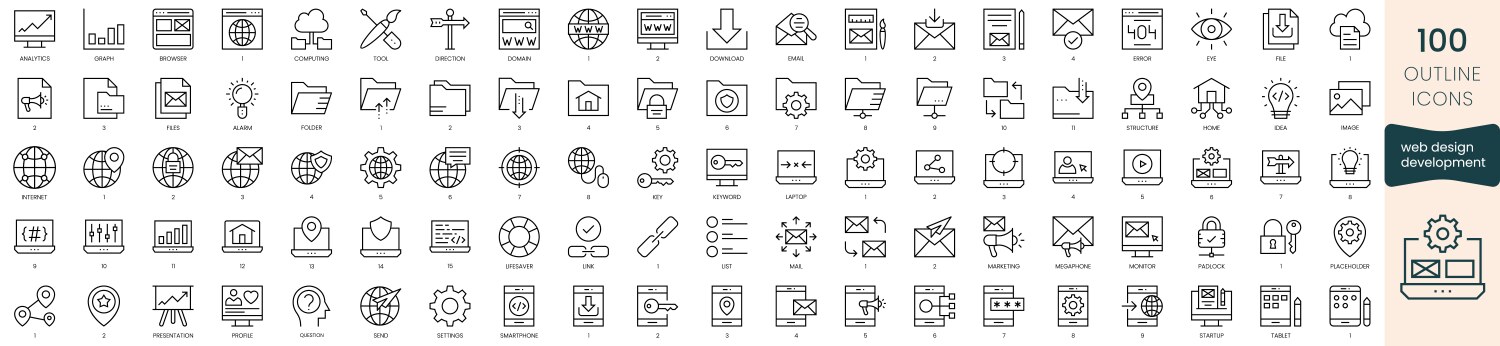 Set of web design development icons thin outline vector image