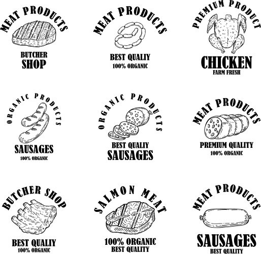Set meat products labels design element Royalty Free Vector