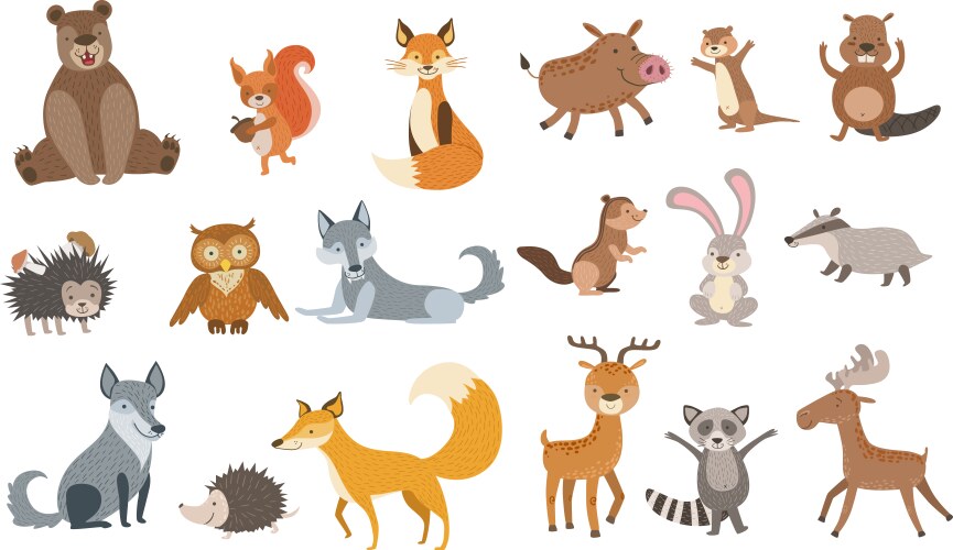 Cute wild animals and birds set forest characters Vector Image