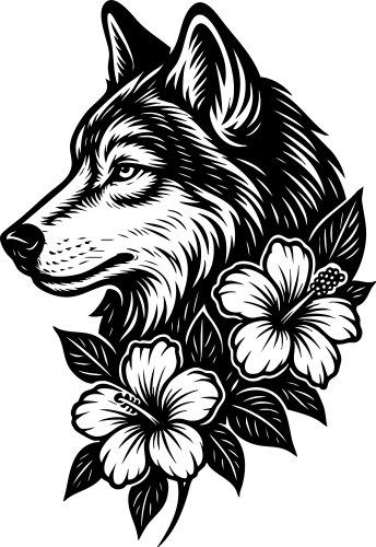 Wolf head surrounded by tropical flowers Vector Image
