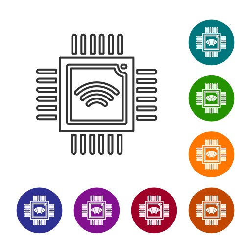 Black line computer processor with microcircuits vector image