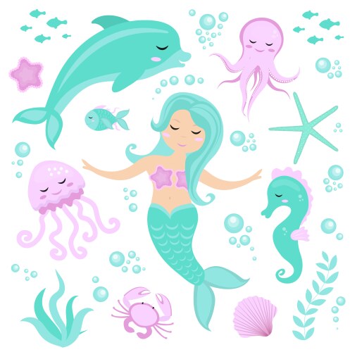 Mermaid & Underwater Friends Vector Image