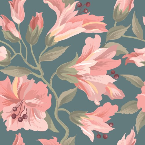 Flowers and leaves seamless dark blue background Vector Image