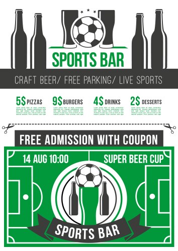 Sport bar menu poster with soccer ball and beer vector image