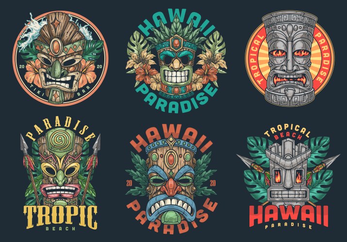 Hawaiian totems colorful set emblems Vector Image