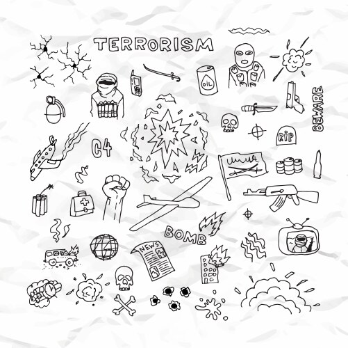 Freehand terrorism doodles on crumpled paper Vector Image