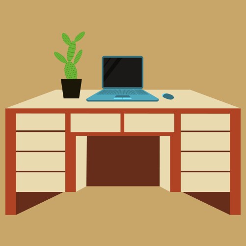 workplace desk computer plant top angle view flat vector