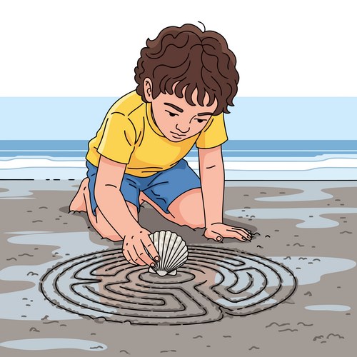 Boy Creating a Sand Maze with Seashell Vector Image