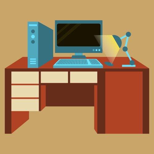 workplace desk computer lamp top angle view flat vector image