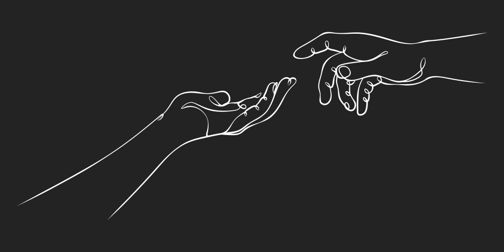 two hands reaching out one contiguous line vector