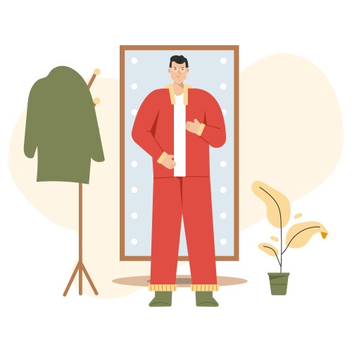 man gets dressed in front full length mirror vector image