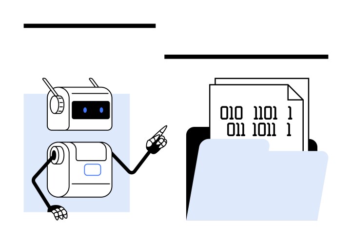 Cute robot pointing at file with binary code vector image