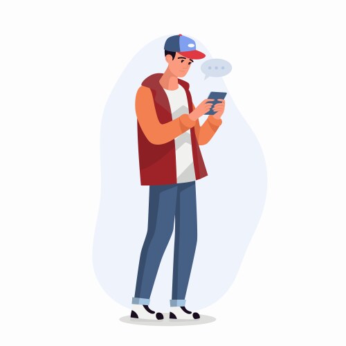 young man boy teen is looking on smartphone vector