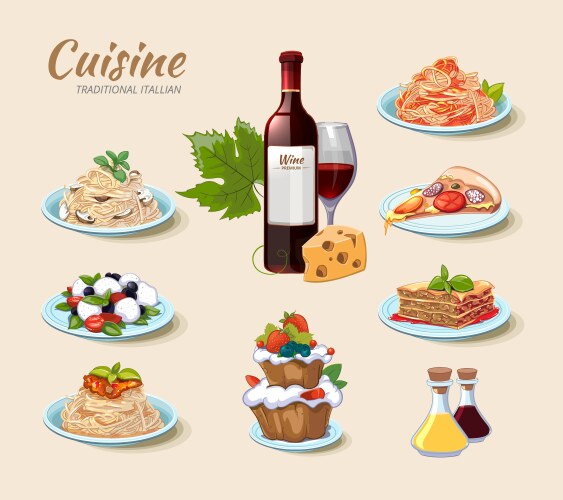 Italian Food Icons - Pasta, Pizza & Wine Vector Image