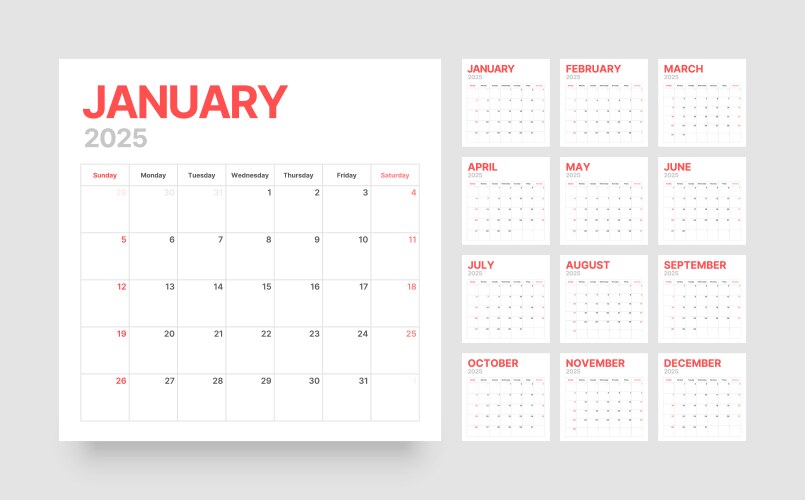 Monthly calendar for 2025 year starts on sunday vector image