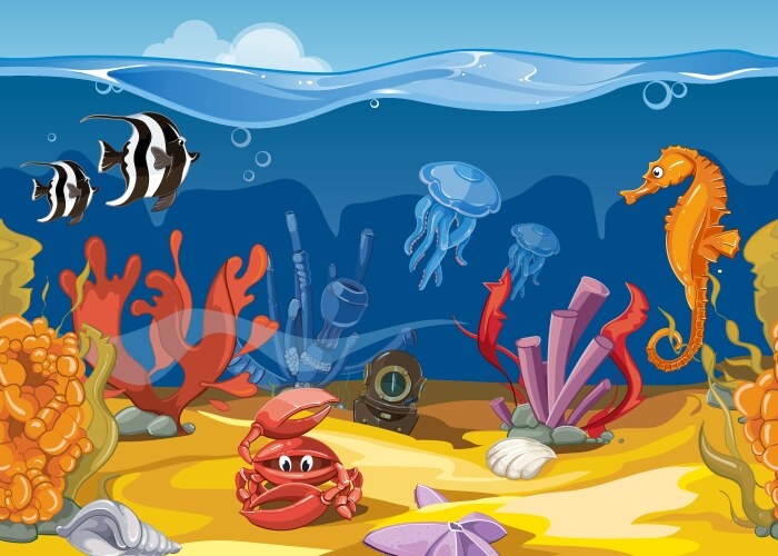 Cartoon Underwater Scene with Marine Life Vector Image