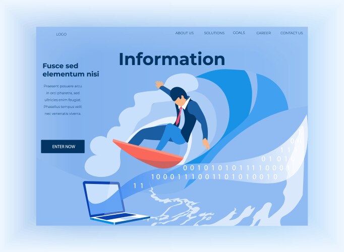 Binary code and information flow landing page vector image