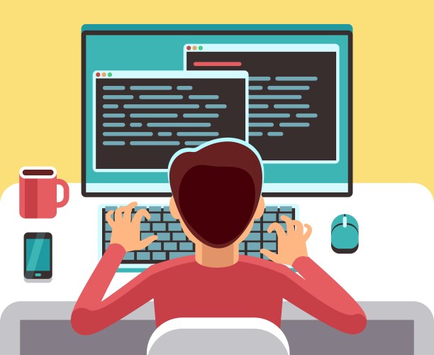 Man Working on Computer with Code vector image