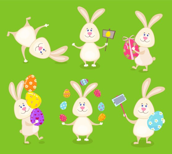 Set of cute easter rabbits with eggs Vector Image