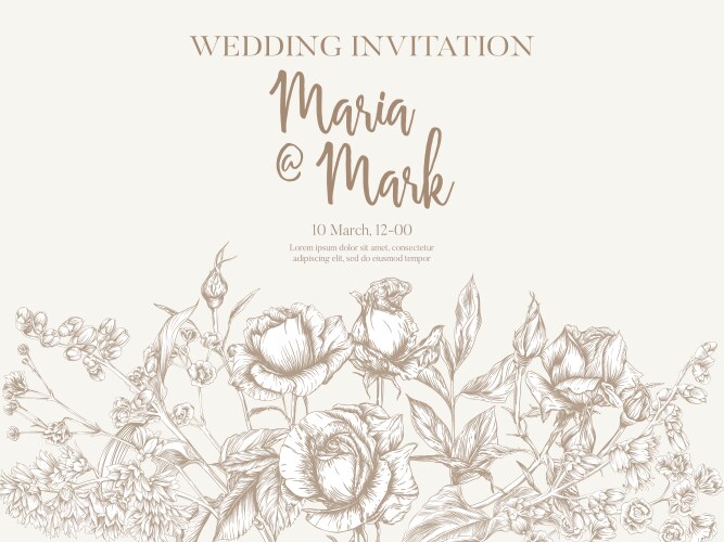 Wedding invitation with roses and spring flowers Vector Image