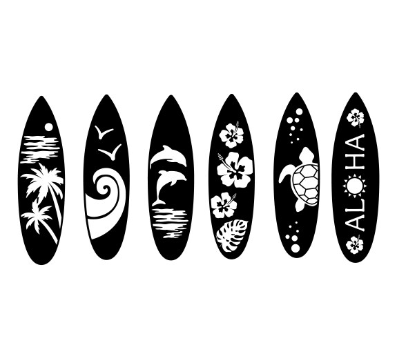 Set of black surfboards with palm tree turtle Vector Image