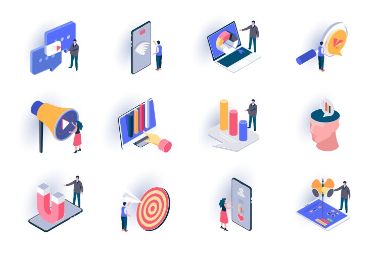 Smm marketing isometric icons set trend watching vector image