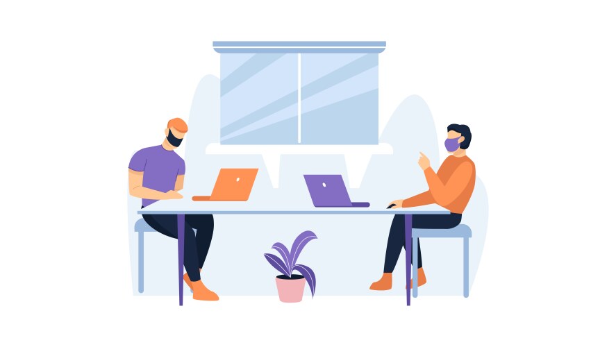 men in masks work using laptops office vector image