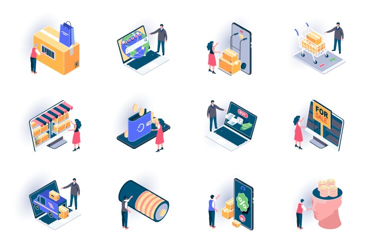 Retail distribution isometric icons set online vector image