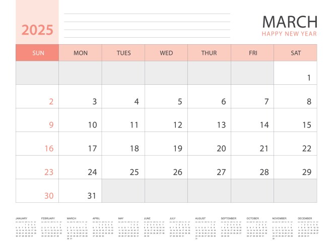 Calendar 2025 template march layout Royalty Free Vector