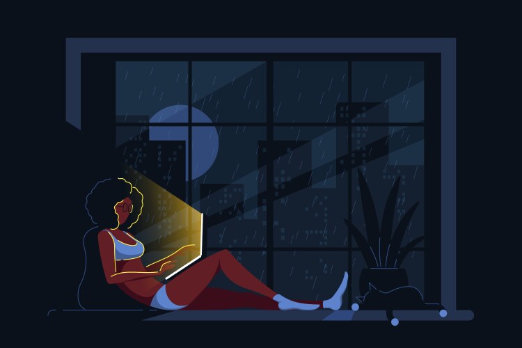 Young black woman with laptop lying on window vector image