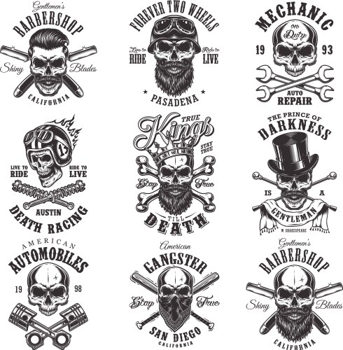 Monochrome Skull Emblems - Vintage Style Vector Image