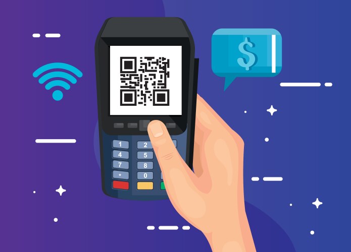 Hand using dataphone with scan code qr and icons vector image