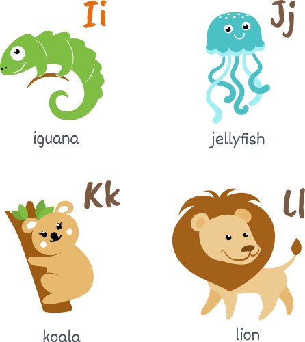 Animal alphabet with iguana jellyfish koala lion Vector Image