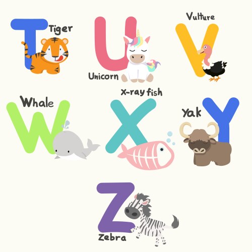Animal Alphabet T-Z for Kids Vector Image