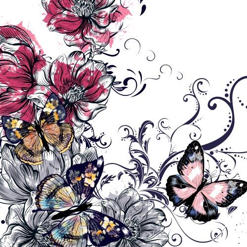 Vintage Floral Butterflies & Flowers Background Vector Image