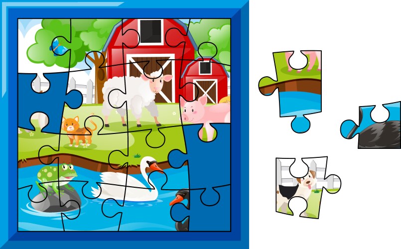 Jigsaw puzzle game with farm animals vector image