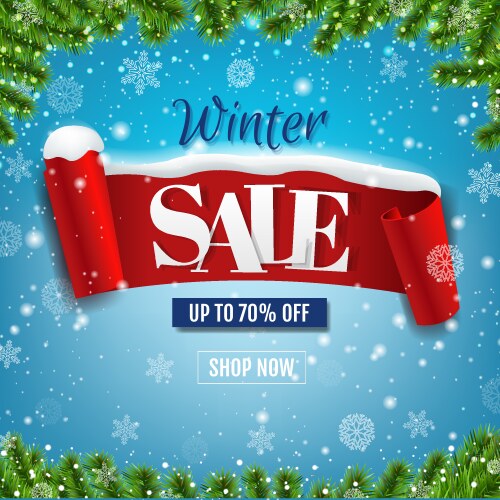 Winter sale poster with red ribbon snow Vector Image