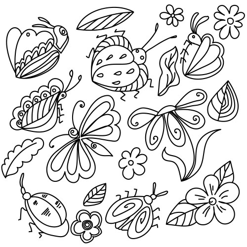 Whimsical Insects & Floral Doodle Vector Image