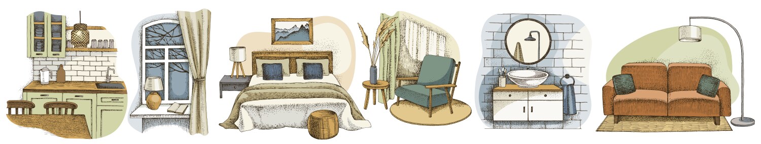 Six Cozy Interior Scenes Vector Image