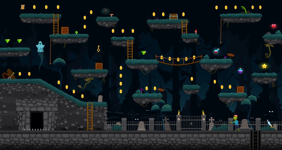 arcade halloween cemetery game level map interface vector