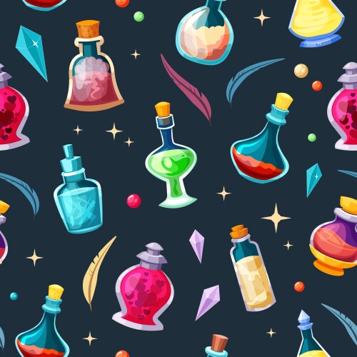 Magic potion bottles with elixir seamless pattern vector image