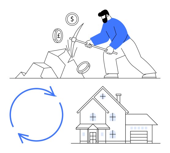 Man mining coins with a pickaxe circular arrows vector image