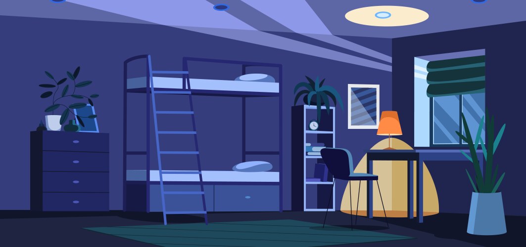 student bedroom in dormitory at night with bunk vector