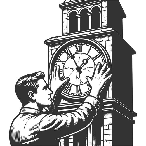 Man Repairing Cracked Clock Tower