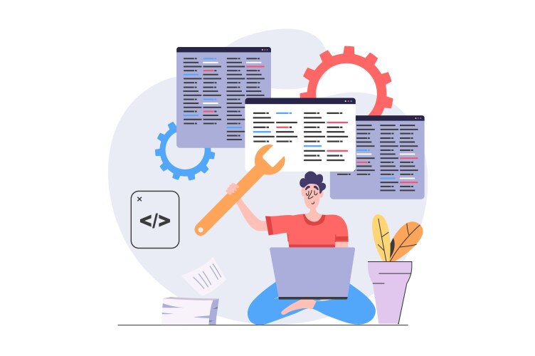 Development and programming concept in modern flat vector image