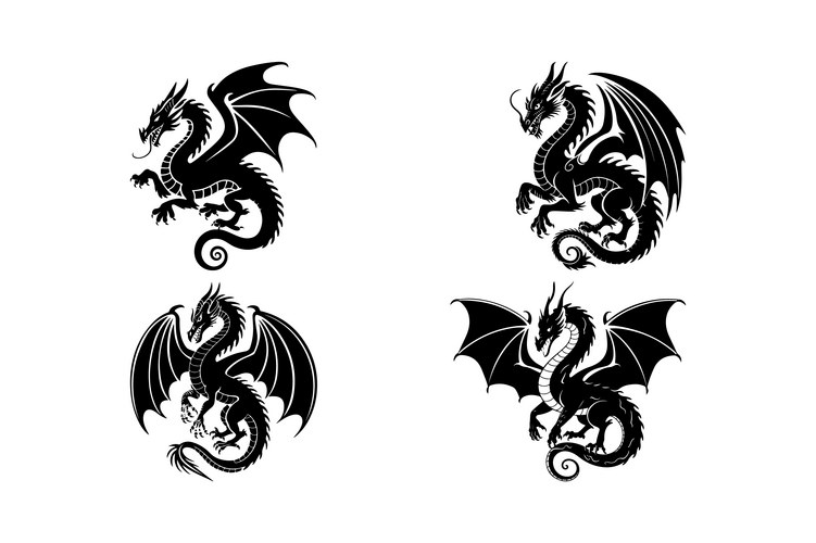 Four Black Dragon Silhouettes Vector Image