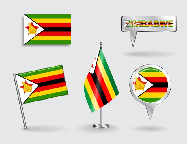 Set of zimbabwean pin icon and map pointer flags vector image